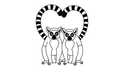 Fototapeta premium Two Lemurs with Heart Tail: A simple, charming black and white illustration of two ring-tailed lemurs sitting side-by-side, their iconic striped tails curled above them to form a heart shape.