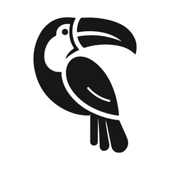Stylized black silhouette icon of a toucan bird with its large beak facing right isolated on white background © Md