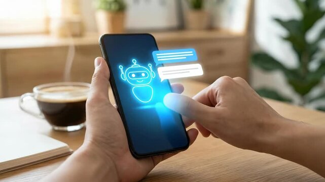 Man holding smartphone with holographic chatbot. Virtual digital assistant interface above screen. Innovative artificial intelligence communication and automated business service technology.