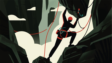 Illustration Of A Climber Climbing A Steep Rock Cliff With A Rope And Climbing Equipment Vector Design Template © BedRoses