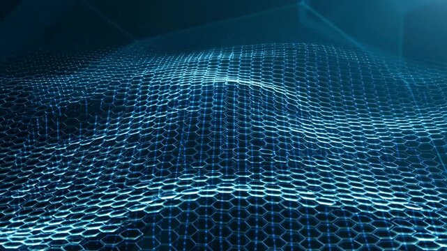 Abstract digital landscape with hexagonal grid pattern and glowing lines. Represents technology, data visualization, and modern design concepts