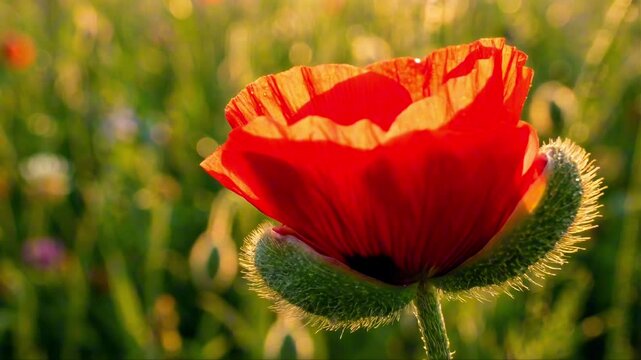Macro poppy bud with red petals barely visible, timelapse bloom opening concept in sunny green bokeh