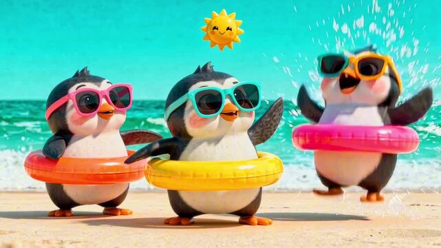 Three playful cartoon penguins wearing sunglasses and colorful inflatable rings joyfully interact on a sunny beach with a bright blue ocean in the background