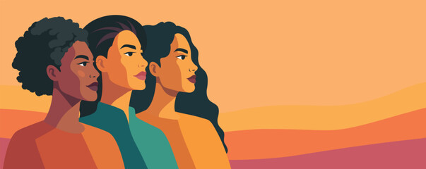 International Women's Day, March 8, Equality Day. Vector banner. Women of different nationalities, cultures stand together, looking forward. Unity, equality, empowerment. For posters, social networks