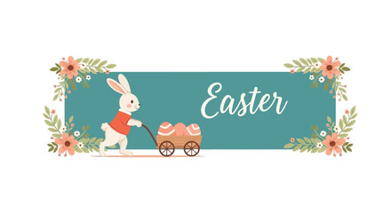 Cheerful Easter bunny vector illustration pulling a wagon filled with decorated eggs and floral frame.