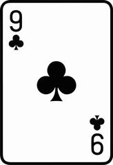 A black and white playing card showing the number nine and three clubs
