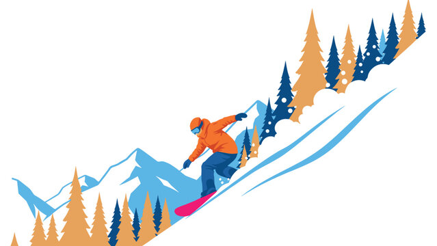 Snowboarder descending mountain slope with scenic winter pines