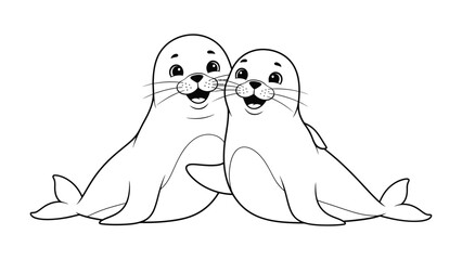 Obraz premium Joyful Harbor Seals: Two adorable harbor seals, their whiskers twitching with delight, huddle closely together, exuding warmth and friendship.