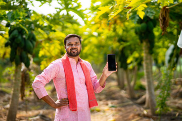 Fototapeta premium young indian farmer using smartphone standing at papaya field