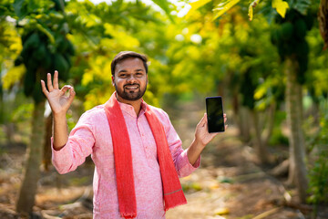 Fototapeta premium young indian farmer using smartphone standing at papaya field