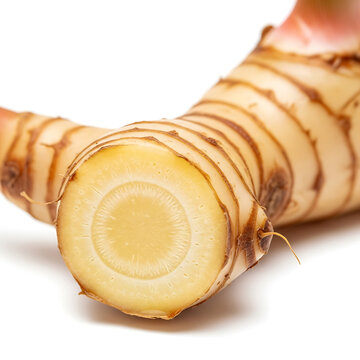 Close up of a fresh galangal root with distinctive rings, isolated on a white background