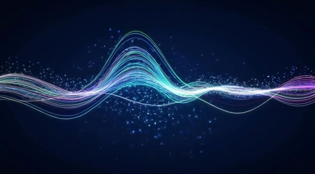 A digital art wallpaper featuring a smooth blue wave design with flowing curves and light motion lines on an abstract vector backdrop