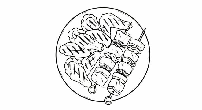 A plate of grilled chicken wings and meat skewers with vegetables in a line drawing