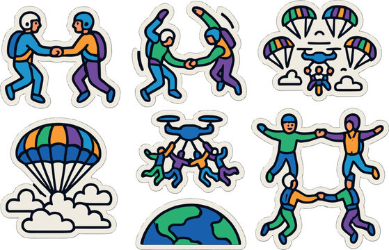 Colorful skydiving adventure stickers with parachutes and people in action