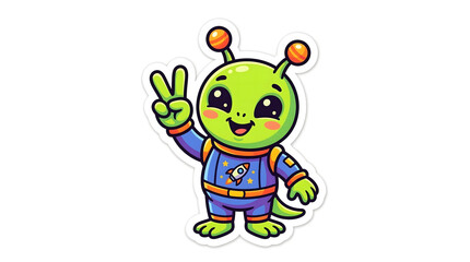 Obraz premium Colorful cartoon space sticker illustration featuring aliens, UFOs, astronauts, rockets, and planets in a playful comic style. Fun sci-fi themed graphic elements isolated on white, perfect for sticker
