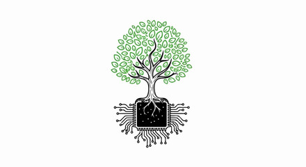 Obraz premium Tree of life with circuit board roots, symbolizing tech growth