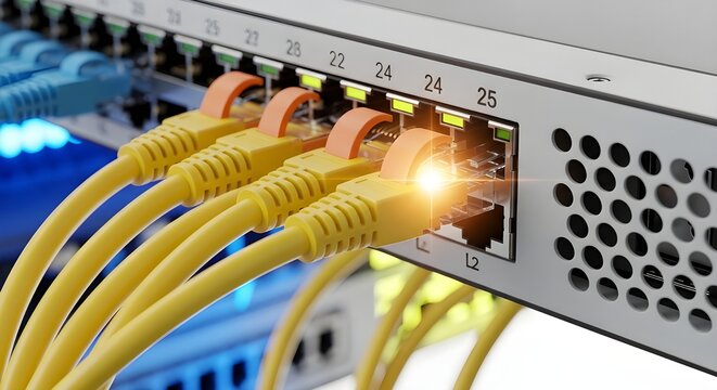 Closeup of network switch with yellow ethernet cables connected and one lit port on a white background