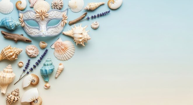 Assorted Seashells and Ocean Decor on Beige.