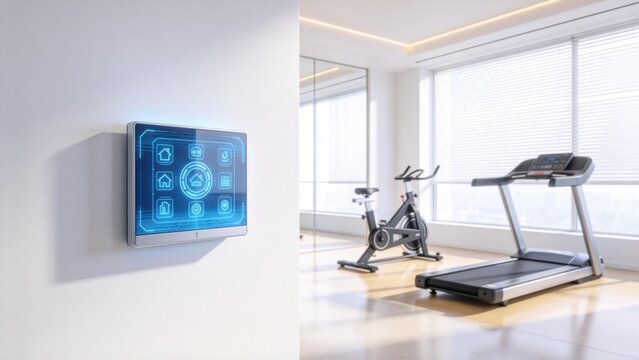 Smart home control panel mounted on wall in modern fitness room with treadmill and bike,home automation and IoT lifestyle technology concept