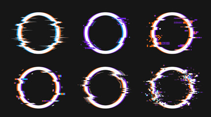 Collection of six distorted white circle frames with colorful digital glitch effects on a dark background, concept for futuristic technology branding, cyberpunk digital art and modern gaming graphics