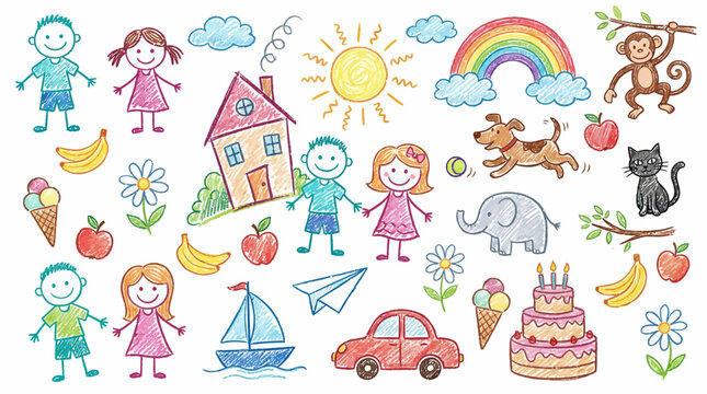 Colorful children's hand-drawn crayon sketches of kids, house, sun, rainbow, animals and food on white background, concept for elementary education, creative childhood activities and nursery wall art