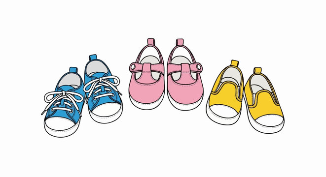 Three pairs of colorful children's shoes are illustrated on a white background