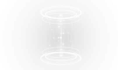 Fototapeta premium Neon energy circle glowing with electric blue light. Vertical beam suggests teleportation or sci-fi transport device. Transparent PNG overlay for cyberpunk graphics and game design.