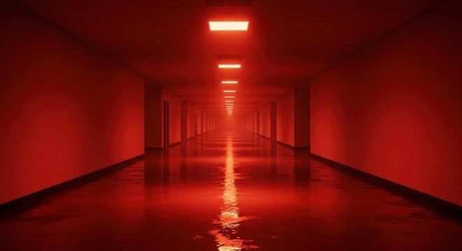 Eerie Red Corridor Vanishing into Infinity with Ominous Fluorescent Lighting.