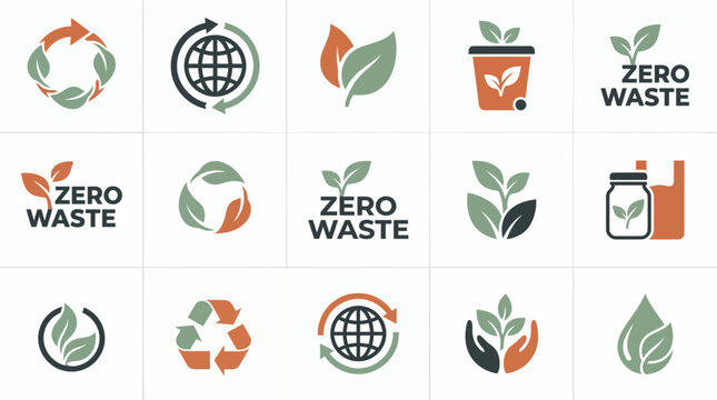 Collection of flat ecological logo icons featuring green leaves, recycling symbols and earth globes on white background, concept for sustainable branding, eco awareness and zero waste