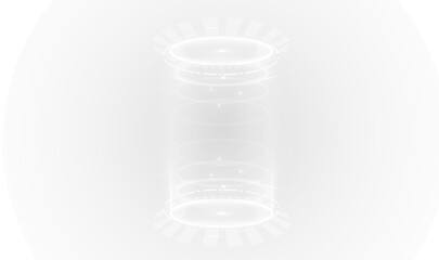 Naklejka premium Cyber teleport stage with luminous blue rings and particles. Electric beam shines through the center of the portal. Transparent PNG overlay for futuristic visuals.