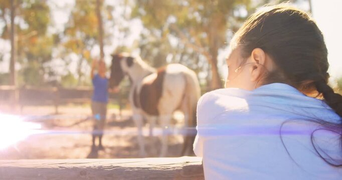 Child leaning on low fence watching adult raising arms to adjust horse halter for animal care
