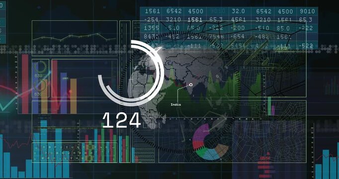 Pixel 3D globe rotating on dark data HUD, showing progress ring and numeric counter updating charts