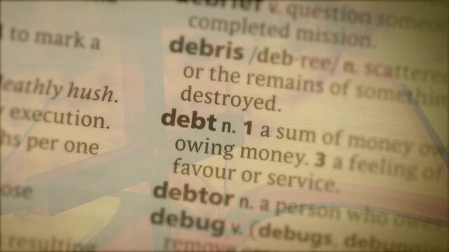 Camera lens shifting focus on text column, bringing debt into view with ghosted overlay for finance