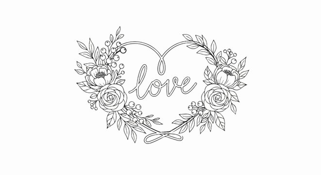 Elegant floral heart wreath with elegant script "love" at its center