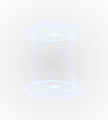 Fototapeta premium Advanced teleport gateway with glowing rings and holographic aura. Electric beam rises from the digital platform. Transparent PNG element for futuristic interface design.