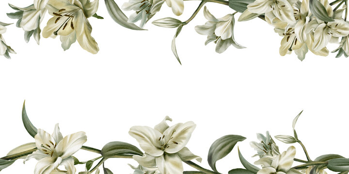 Template of double border of white lilies in watercolor clipart as a symbol of purity and innocence.Decoration for funeral,wedding,Communion,christening,decoration of religious printed products