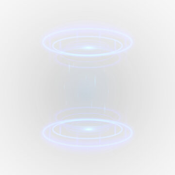 Cyber futuristic portal with radiant blue beam and glowing rings. Digital light effects form a teleport platform. Transparent PNG graphic for sci-fi interface elements.