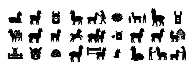 Fototapeta premium Alpaca and Llama Silhouette Icon Set Collection – Farm Animals, Alpaca Trekking, Wool, Farming and Interaction Icons