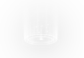 Fototapeta premium Radiating hologram portal with bright circular energy frame. Neon light beam rises like a teleport signal. Transparent PNG for cyber technology visuals.