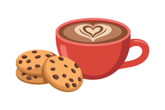 Minimalist flat vector illustration of a red coffee mug and cookies. 