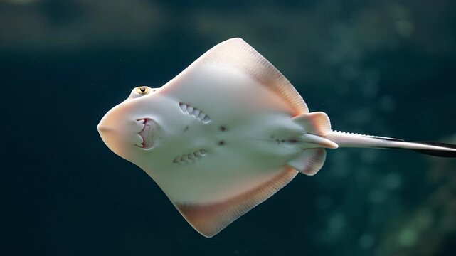 Underwater close-up of a small ray fish swimming gracefully in clear blue water, aquatic life