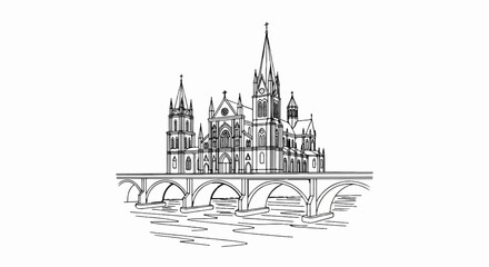 Naklejka premium Ornate gothic cathedral and arched bridge over water