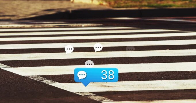Vertical video: Pedestrians walking crosswalk causing blue chat bubble counting steps for marketing