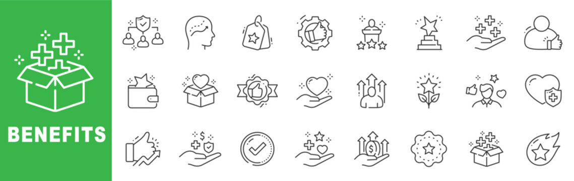 Benefits outline icon set featuring reward, bonus, protection, health care, growth, promotion and recognition symbols editable stroke line design