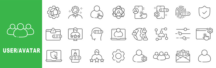User and avatar outline icon set featuring profile management, authentication, security, verification, team collaboration and digital identity symbols in editable stroke line style