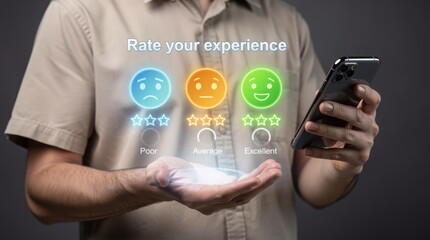 Obraz premium Customer satisfaction feedback concept rating experience on smartphone