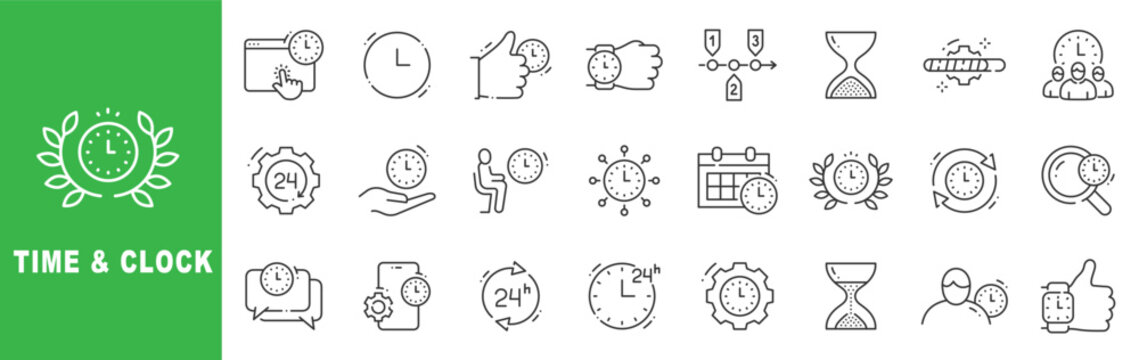 Time and clock outline icon set featuring deadline, schedule, productivity, 24/7 service, timer and hourglass symbols in editable stroke line style