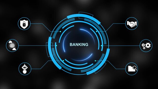 Conceptual digital display of banking services with a glowing circular interface featuring for finance transactions and security on a dark blue technological backdrop