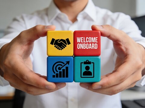 Businessman holding colorful cubes with onboarding and partnership icons, symbolizing welcome, teamwork, and growth in a professional setting.