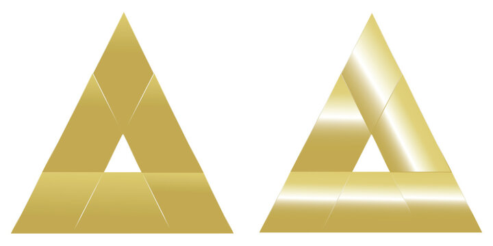 Gold metallic triangle abstract geometric logo shapes isolated on white.